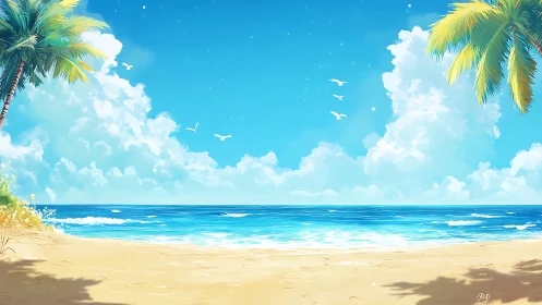 Tropical Beach Paradise with Palm Trees and Cumulus Sky