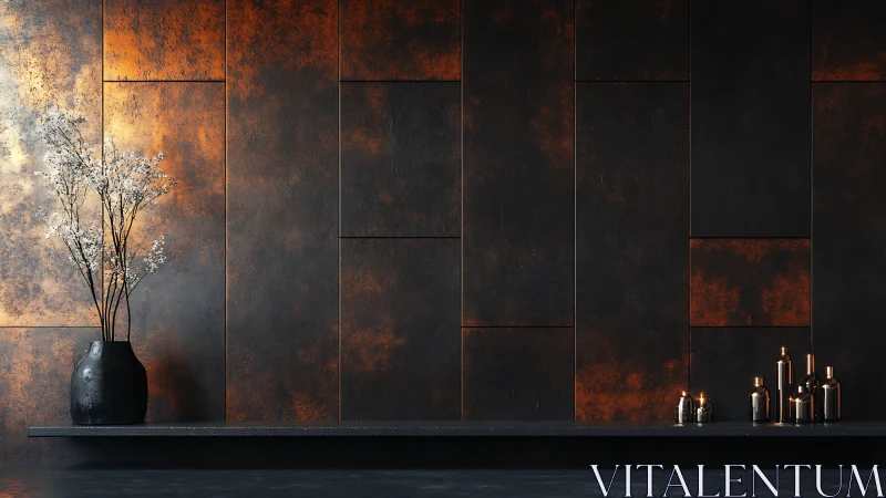 Minimalist black shelf with copper wall panels and decor.