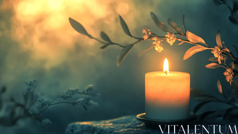 Single candle on stone with foliage in soft evening glow.