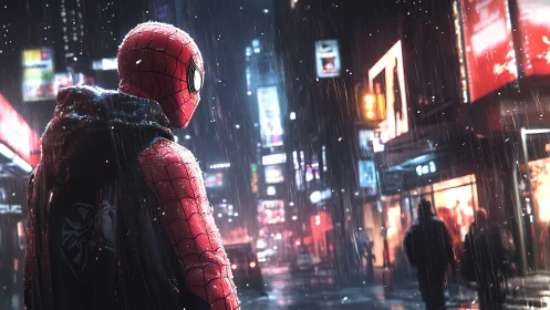 Rain-drenched urban hero pauses beneath neon stormlight.