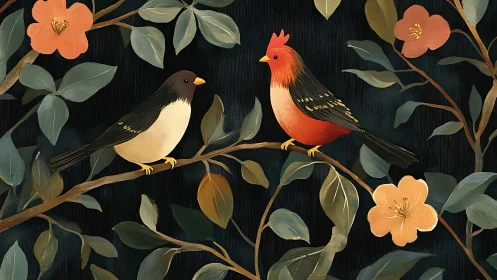 Two Colorful Birds on Branches in Vintage Botanical Art Style.