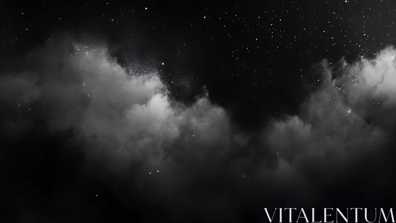 Digital painting of starfield above drifting night clouds.