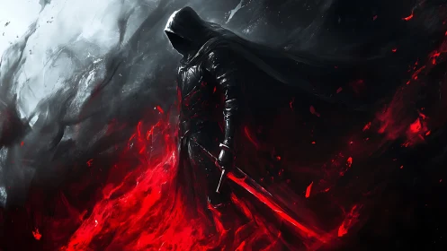 Hooded dark knight emerges from crimson inferno of power.