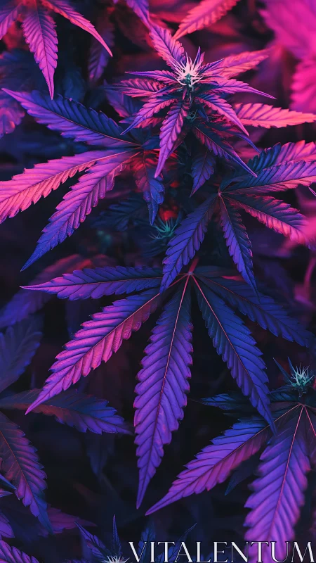 Neon-lit cannabis foliage rendered in high-saturation bicolor gradient