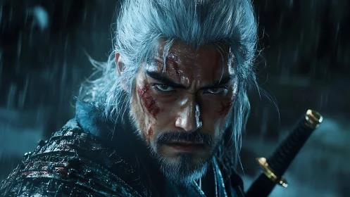 Stormlit warrior stares ahead with fierce, unwavering resolve