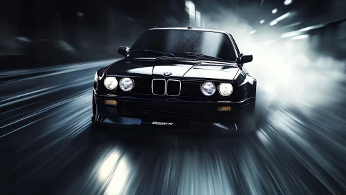 Retro black sports coupe powers through wet tunnel night