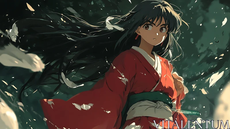 Anime warrior girl strides through swirling forest light.