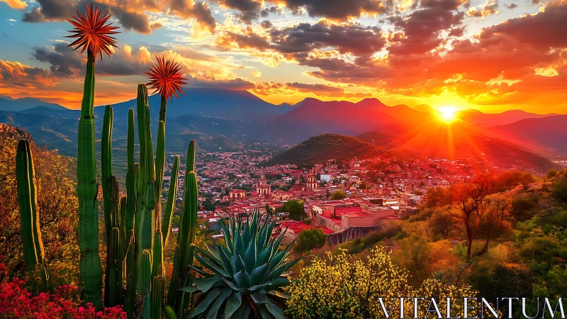 Vivid desert town sunset over mountains and cactus ridge.