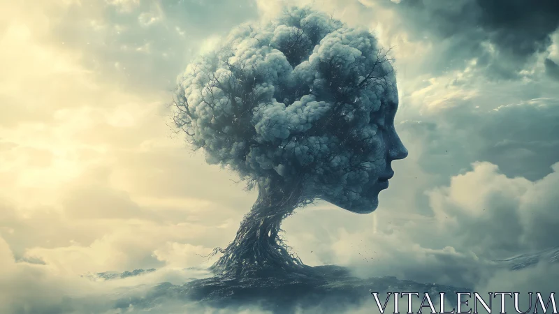 Surreal cloud-tree female profile amid luminous stormscape.