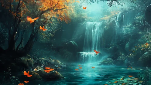 Luminescent forest waterfall with high-contrast teal and orange palette
