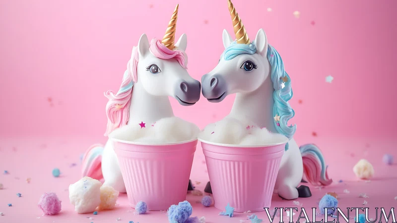Pastel unicorn figurines in pink foam cups with candy confetti.