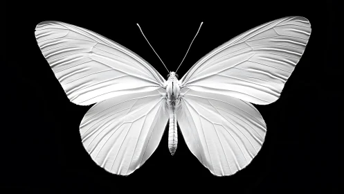 White butterfly macro on black background, high contrast.