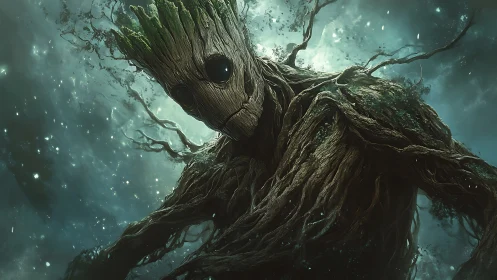 Tree-like humanoid in space with glowing atmospheric haze.