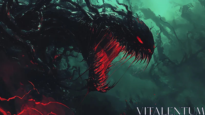 Nightmarish shadow beast opens a glowing crimson maw