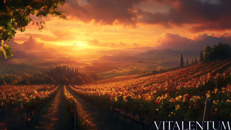 Sunlit vineyard valley glows beneath a dramatic golden sunset