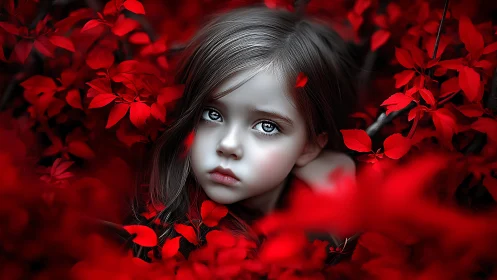 Child with pale complexion surrounded by red foliage.