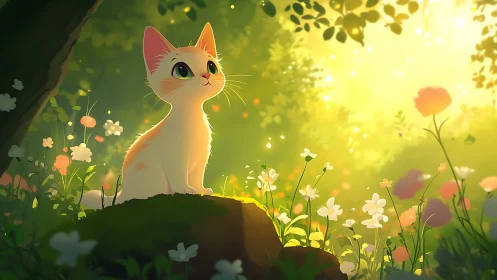 Cat in sunlit meadow with flowers and green foliage