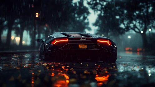 Rear view sports car on wet city street at night in rain.