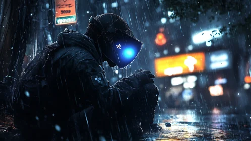 Cybernetic drifter in neon rain with luminous visor glow.