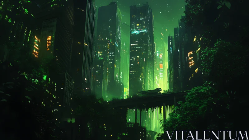 Neon jungle skyline where overgrown rails haunt the night.