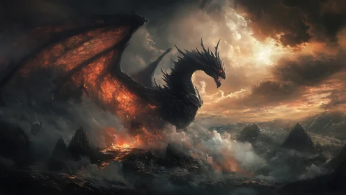 Volcanic-winged dragon dominates storm-lit mountainous wasteland