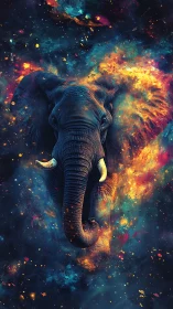 Cosmic elephant emerging through vibrant nebula veil.