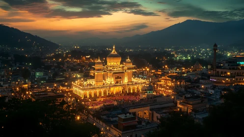 Golden domes ignite a twilight cityscape in warm celebration.