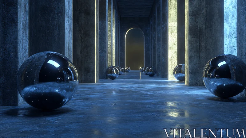 Mystical mirrored spheres glowing in a quiet blue corridor.