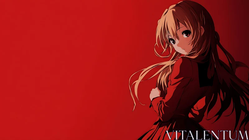 Warmhearted anime girl in red against a bold backdrop.