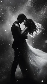 Silhouetted couple embracing beneath falling sparkles.