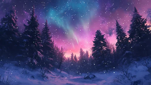 Aurora-lit conifer forest under dynamic winter snowfall at dusk