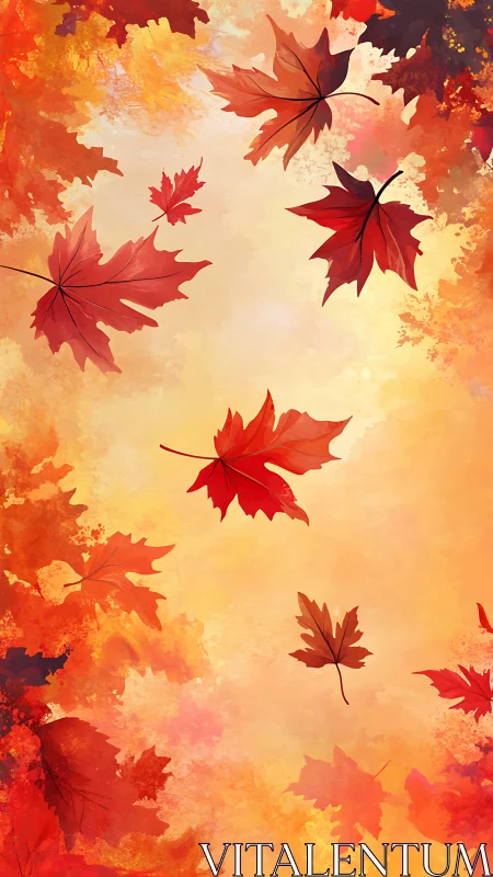 Autumn maple leaves drift across warm abstract sky field