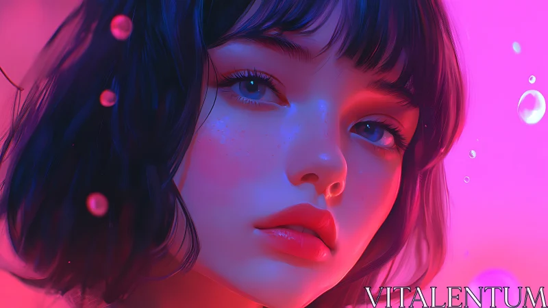 Digital painting portrait in neon pink and cyan gradient lighting.