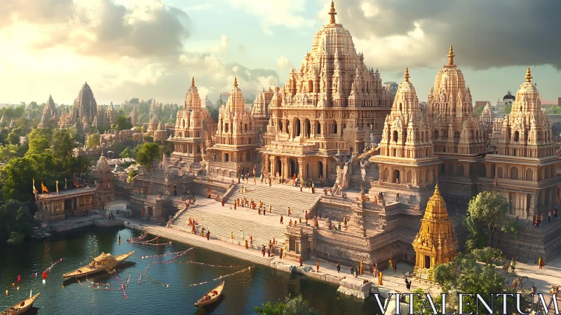 Sunlit riverside temple complex glows with ceremonial life.