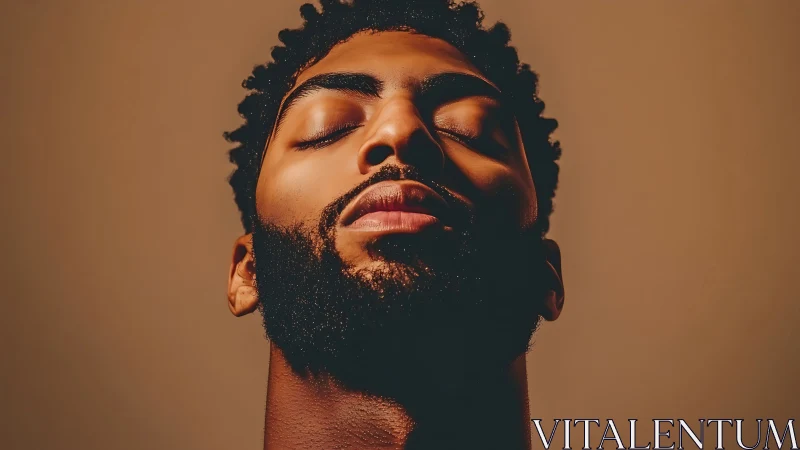 Upward low-angle portrait isolates serene, sculpted visage