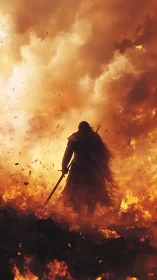 Lone ember knight walks upstream through a burning storm