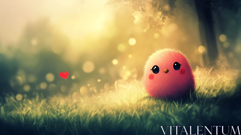 Soft Pink Creature in Glowing Meadow With Floating Heart