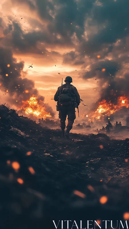 Lone soldier advances along burning battlefield at dusk