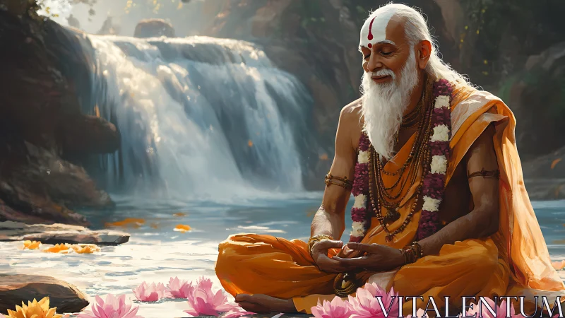 Meditative sage by cascading waterfall in luminous lotus grove.