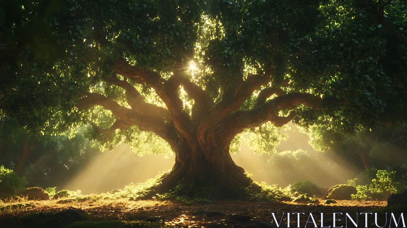 Majestic Ancient Tree in Sunlit Forest, Realistic Nature Scene.