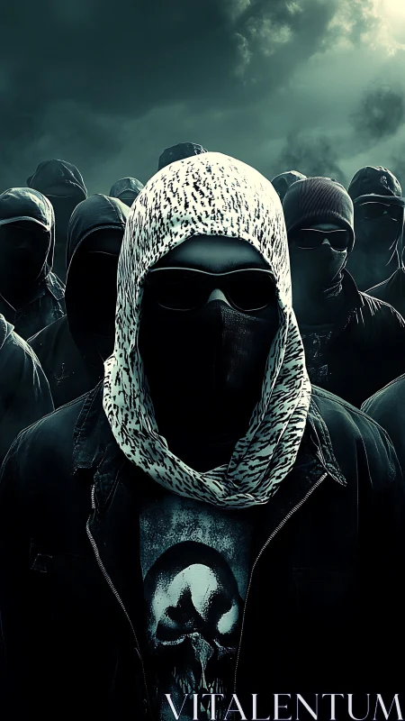 Hooded masked collective stands under a storm-darkened sky