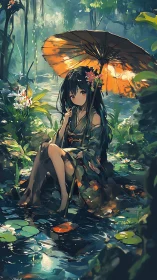 Umbrella-shaded girl resting in a luminous forest pond.