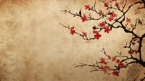 Cherry blossom branch on textured parchment background.