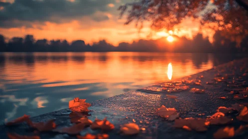 Golden autumn sunset settles gently over a quiet lakeshore