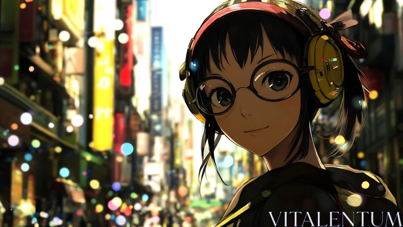 Young headphone wearer stands in stylized illuminated city street