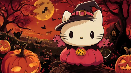 Cartoon white cat in witch costume in Halloween forest.