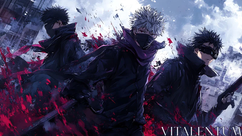 Masked urban warriors stride through crimson storm of battle.