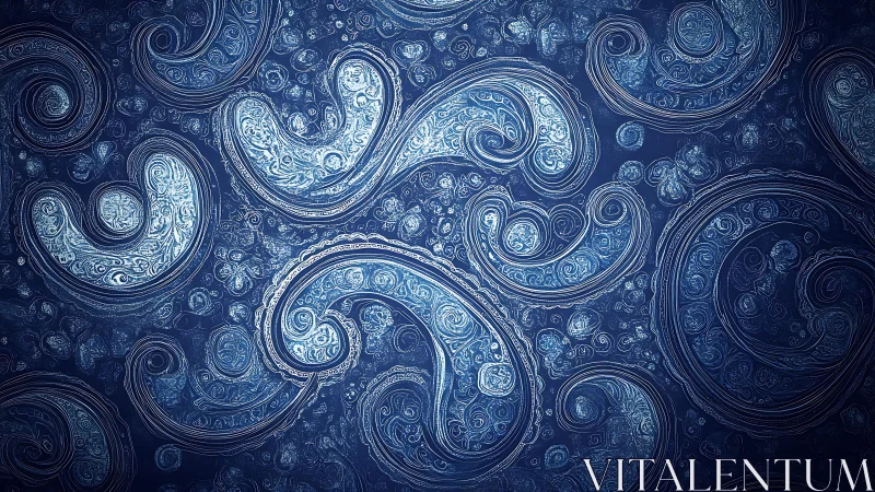 Intricate Blue Paisley Pattern with Swirling Artistic Design.