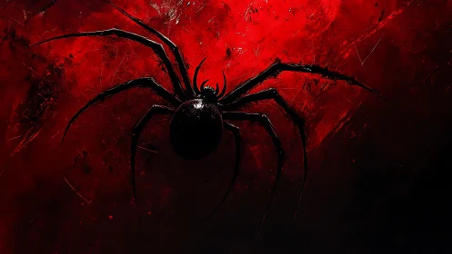 Blood-red void framing shadowy spider silhouette painting.