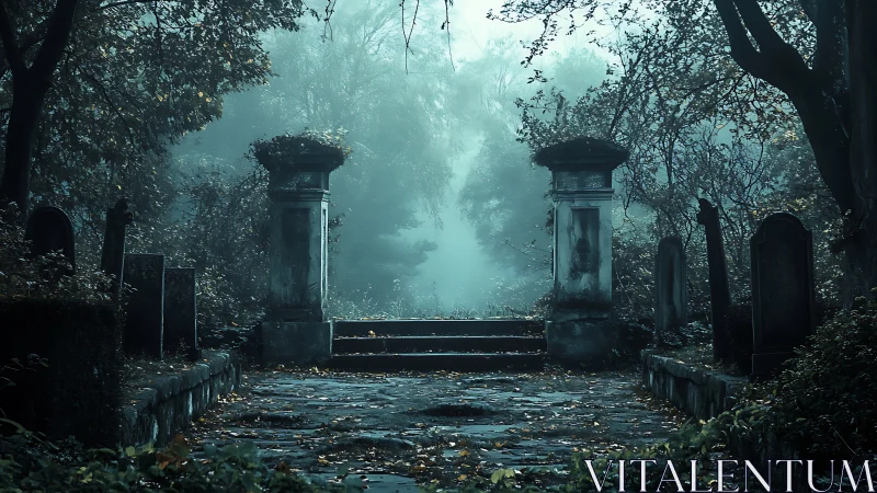 Foggy stone graveyard entrance frames central stairway view
